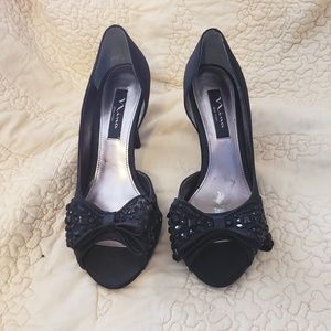 NINA SATIN BLACK HEELS PEEP TOE SEQUIN BOW